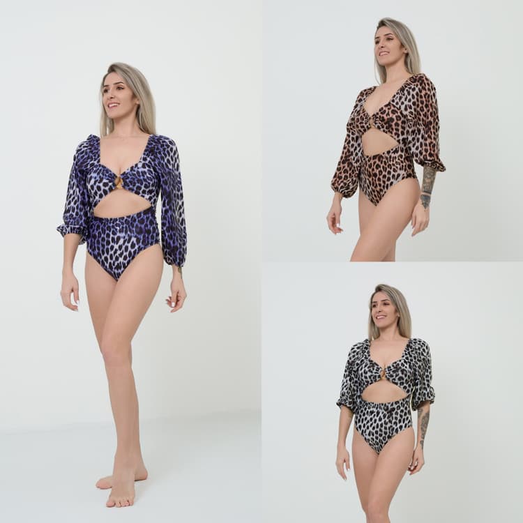 Wholesale Leopard Printed Bikini Long Sleeve Hollow Out Swimsuit Sexy Leopard Swimwear