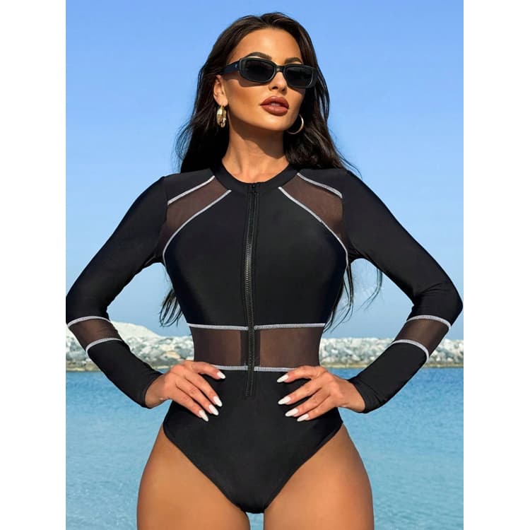 Wholesale Fitness Swimwear Solid Color Long Sleeve Surfwear Mesh Patchwork Design Fitness Swimwear