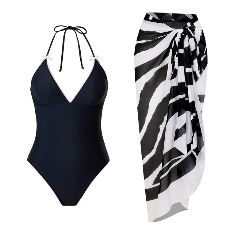 Wholesale Bow Swimsuit Sexy Lace High Cut Bikini Set Black and White Sexy Swimsuit Chiffon Skirt for Women