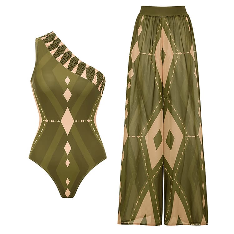 New Pants Bikini Set Sexy Backless Bikini Geometric Pattern Printed Swimsuit Set for Women