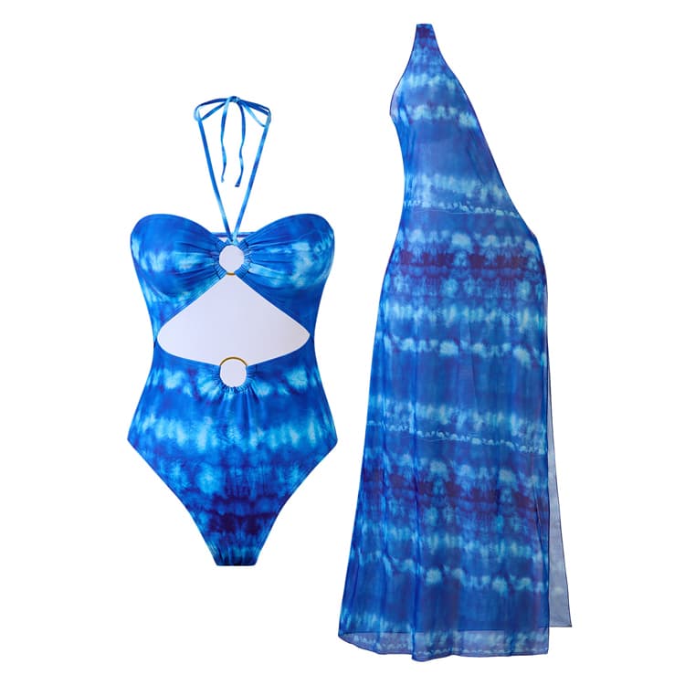 New Blue Printed Swimsuit Women One Shoulder Chiffon Skirt Bikini Set Sexy High Cut Swimwear