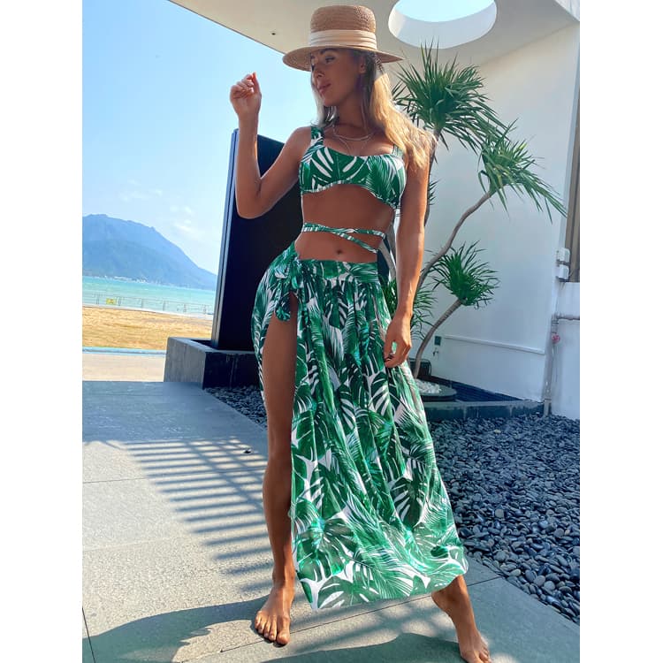 2022 New Swimwear Wholesale Sarongs Bikini Set Sexy Leaf Print Three Piece Drawstring Bandage Swimwear