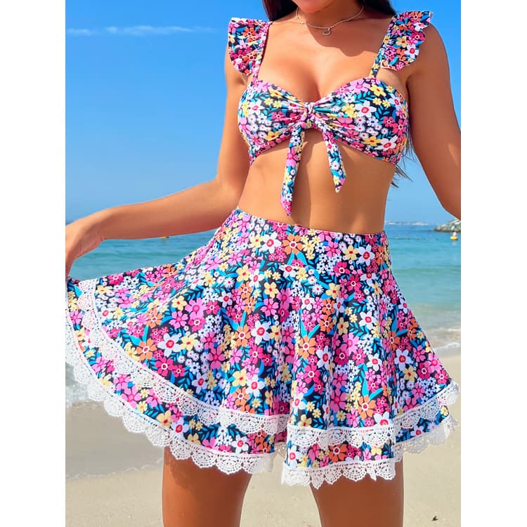 New Floral Printed Bikini Three Piece Sexy Bandage Swimsuit Lace Bikini Swimwear