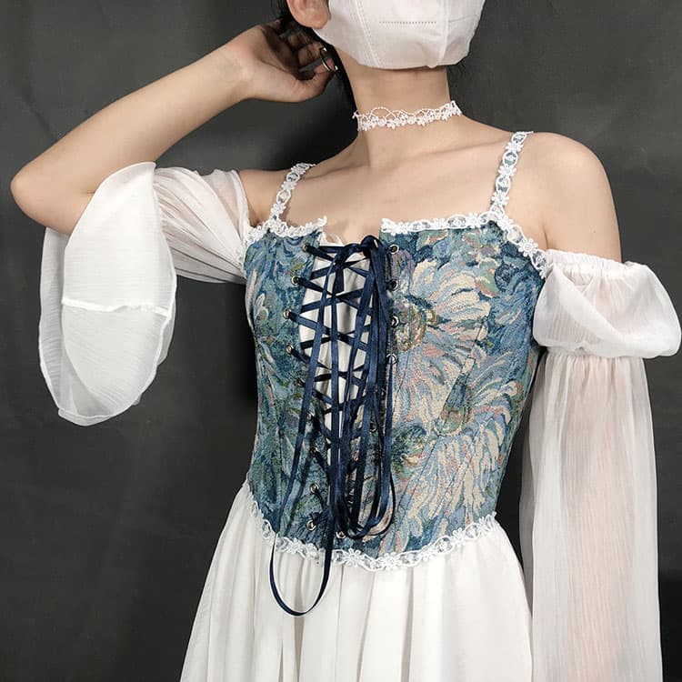 Hot Sale Classic Jacquard Embroidery Camisole Herringbone Lace  Out Wear Denim Corset for Women