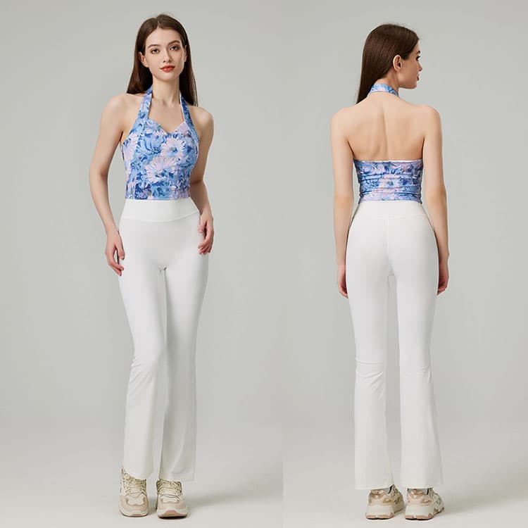 Artistic Slim Retro Colorful Floral Halter Neck Backless Women Yoga Set Loose Flared Yoga Pants