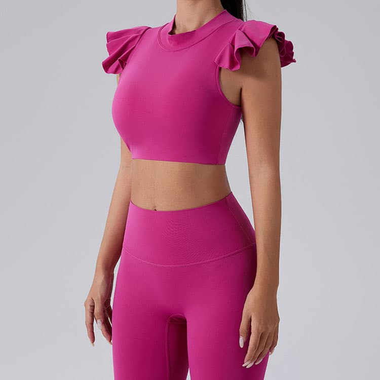 Ruffle Design Women Solid Color Sexy Hollow Backless Mid Neck High Elastic Yoga Top