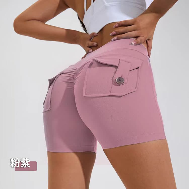 Super Full Color Women Summer Nude Peach Hip Pocket Button High Waist Hip Lift Quick Dry Yoga Short
