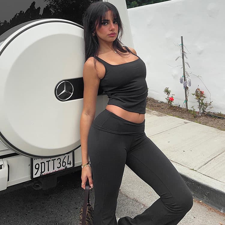 Sexy Solid Color Fashion Sling Long Sports Style High Elastic Belly Exposed Women Two Piece Set