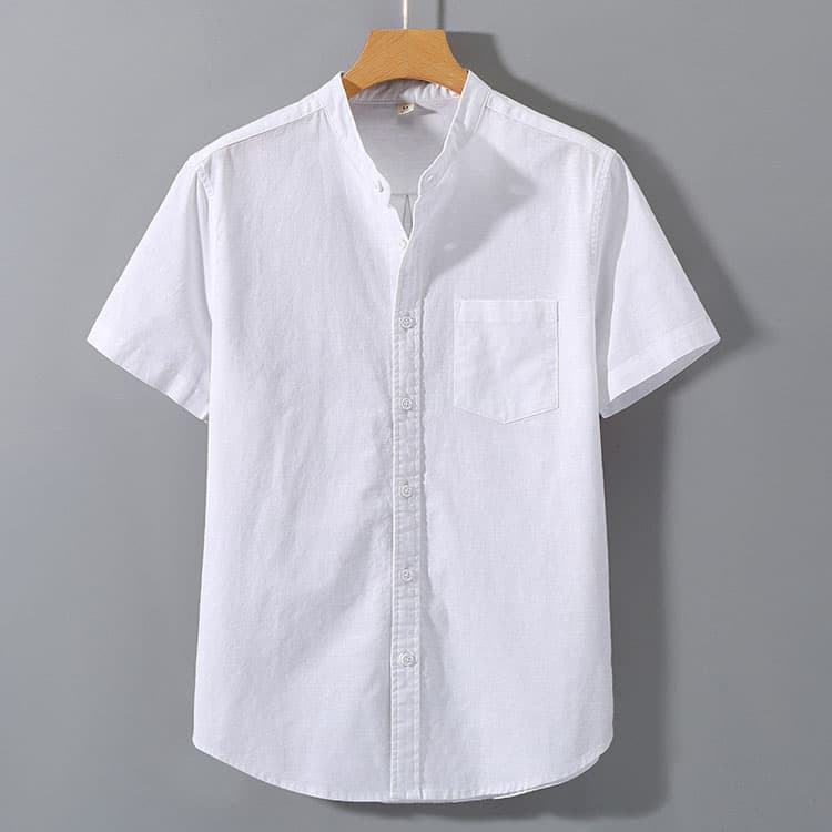 Men Linen Shirt Thin Short Sleeved Shirt Loose Chinese Style Summer Cotton and Linen Men Casual Stand up Collar Top