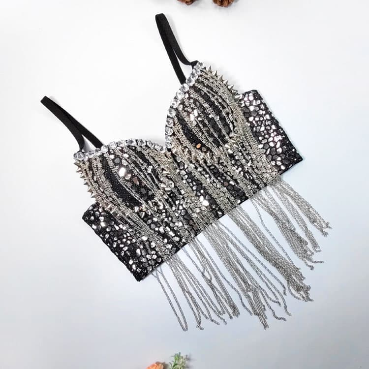 Rock Style Sequined Tassel Camisole With Underwire Short Sexy Women Hottie Tube Top Corset