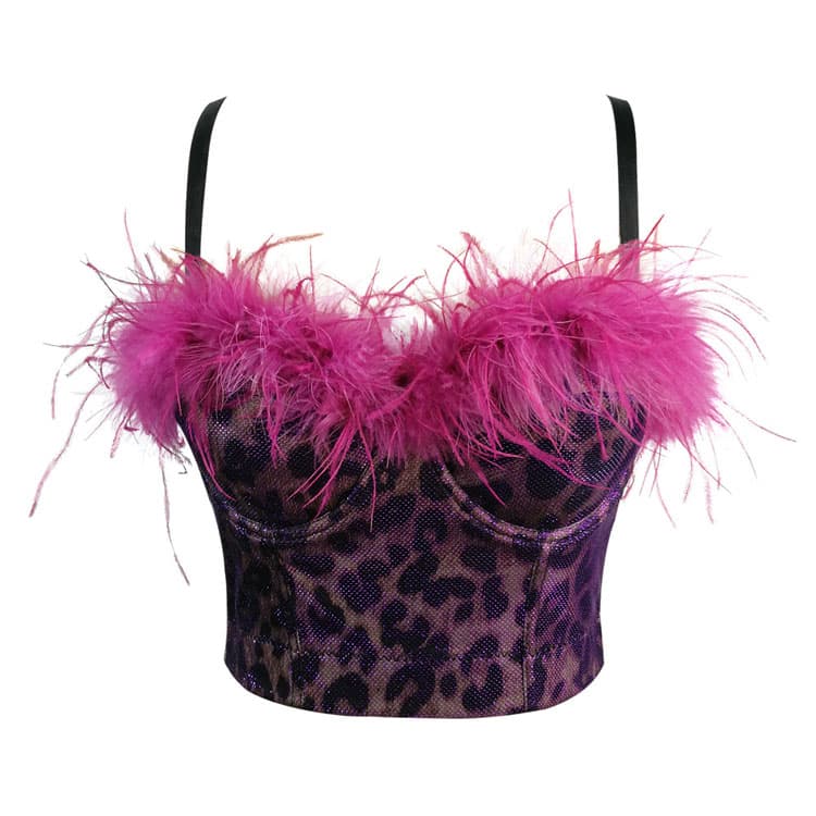 Gold Powder Leopard Print Hot Girl Feather Sling  Fish Bone Top Tube Women One Piece Corset