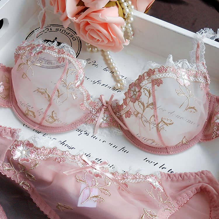 Dreamy Girl Sweet Small Floral Print Bow Two Piece Set pink Embroidery Sexy Lingerie