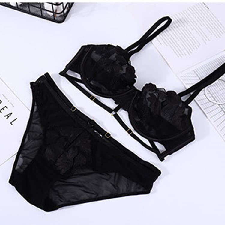 Summer Three Dimensional Embroidery New Design Ultra Thin Lace Solid Color Two Piece Set Women Lingerie