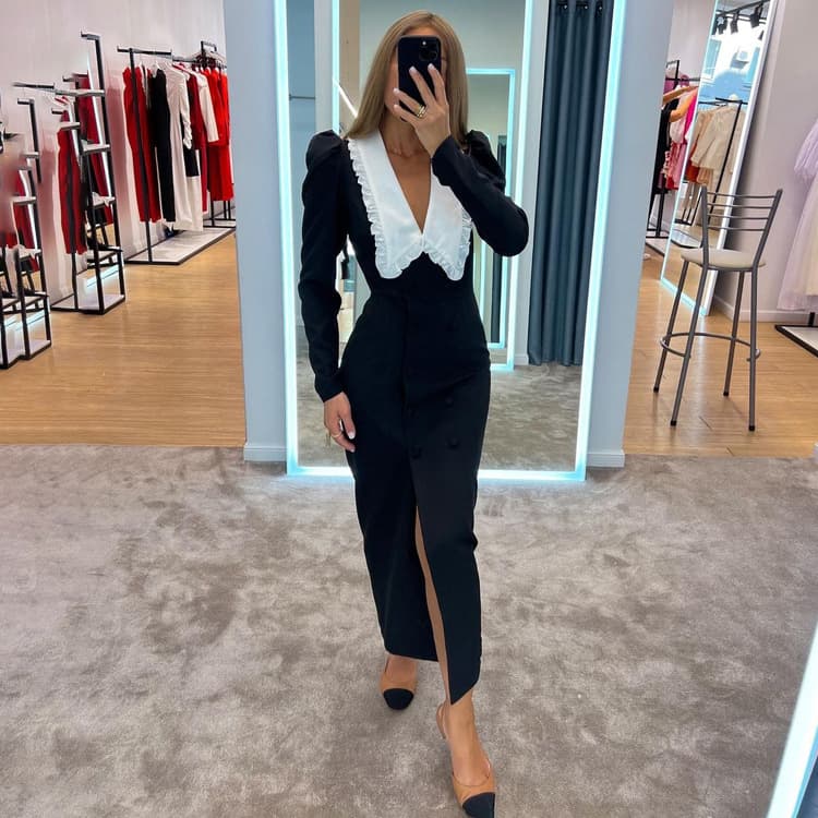 New Women Clothing Black and White Contrast Color Split Long Casual Dress Doll Collar Long Sleeve French Dress Wholesale
