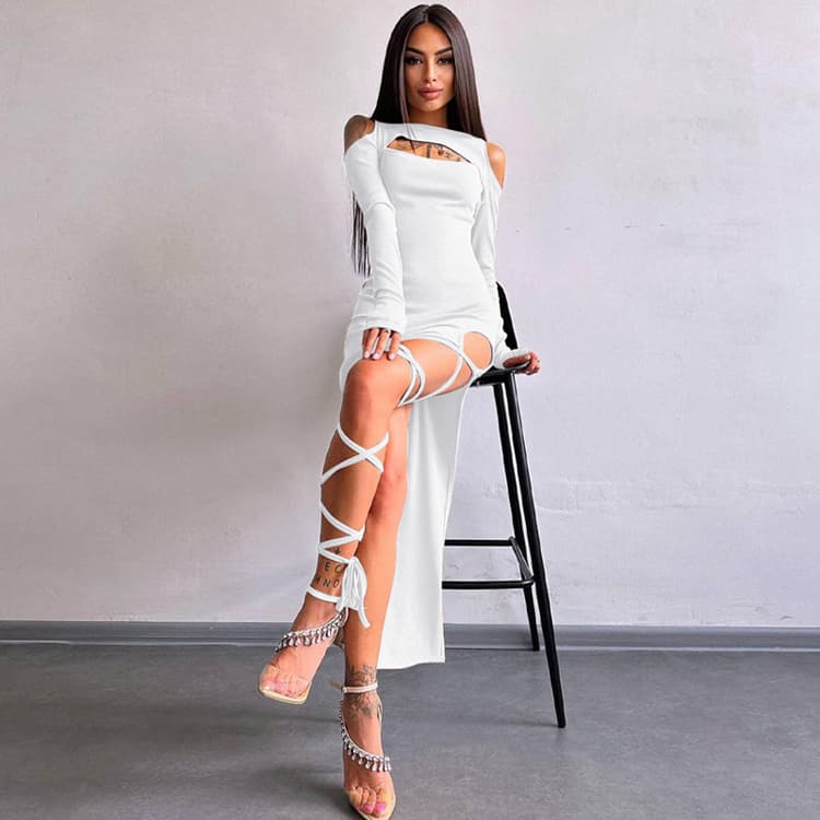 Sexy Straps Slit Dress 2024 Spring Sexy New Design Womens Casual Dress New Solid Color Long Sleeved Hollow Long Sexy Dress