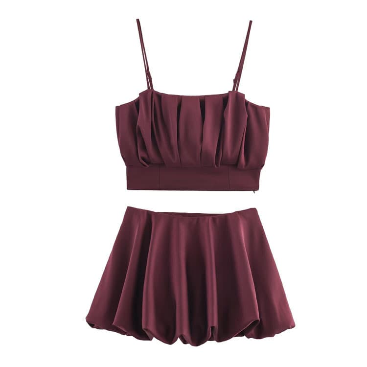 New Women Pleated Set Camisole Top and Lantern Skirt Shorts Summer Sexy Casual Set Short Two Piece Set