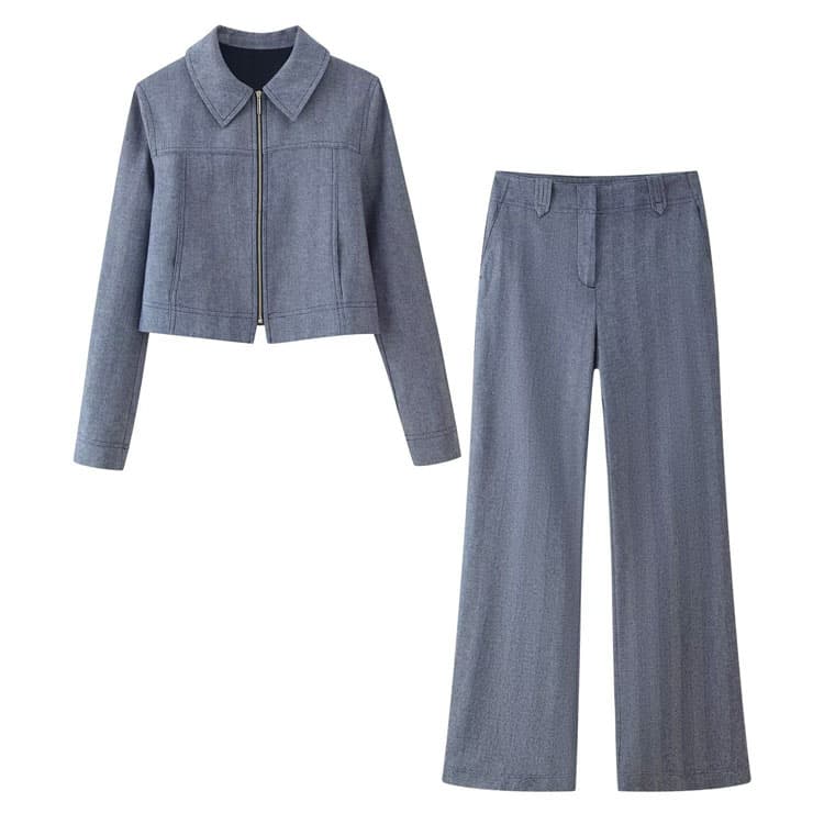 2026 Fashion Slim Fit Women Zipper Long Suit Solid Color Casual Two Piece Set High Quality Commuting Suit