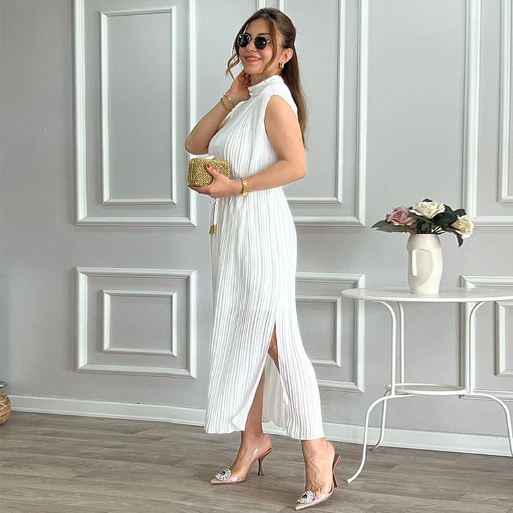 Hot Sell New Women Clothing Lady Elegant Simple Sleeveless Dress Pleated Sleek Stain Dress Cinching Casual Dress