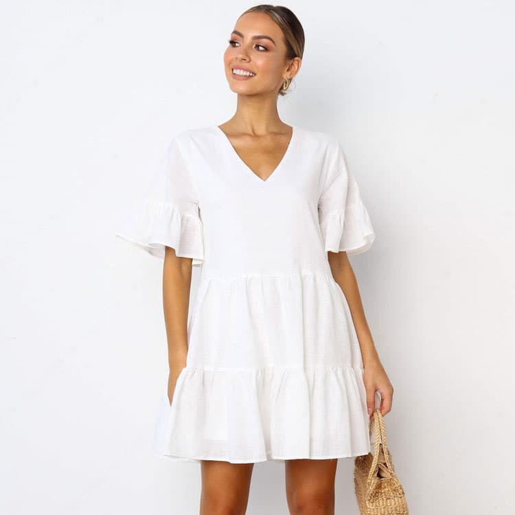 Hot Sell New Casual Dress for Women Elegant V Neck Ruffled Loose Mini Dress Short Sleeve Solid Cotton Dress