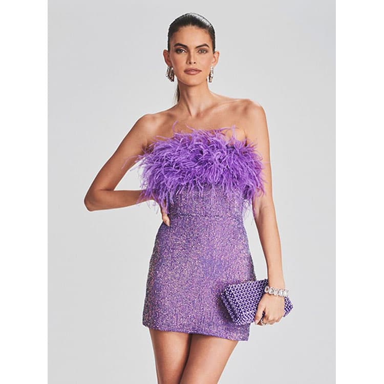 High Quality Strapless Party Dress Sexy Backless Sequin Tassel Feathers Slim Bodycon Mini Skirt Luxurious Formal Dress for Lady