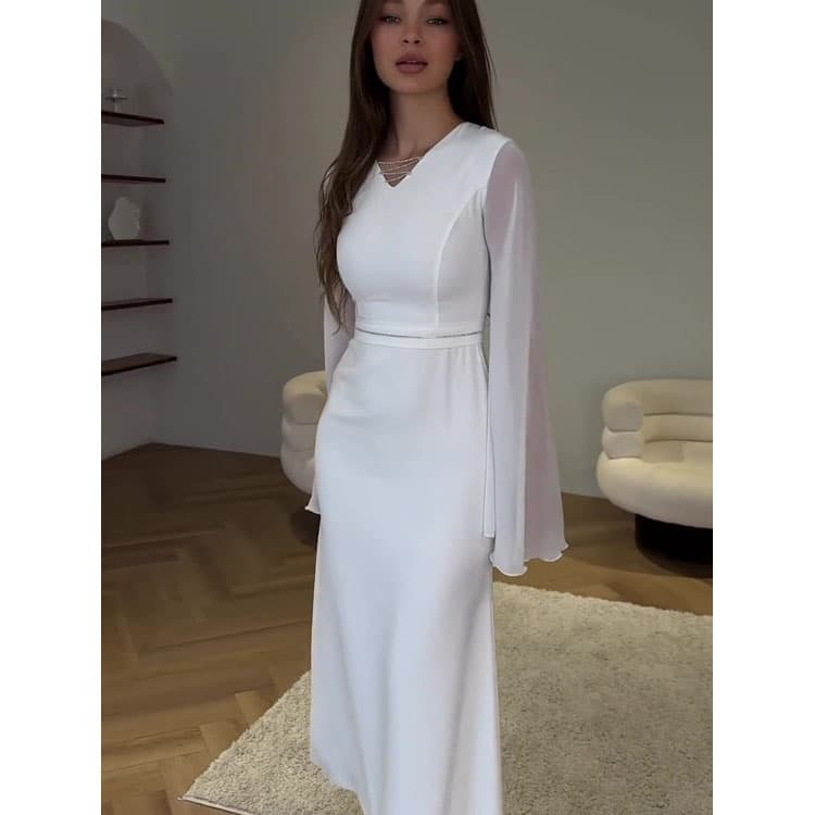Elegant 2023 Women V Neck Casual Dress Plus Size Shiny Rhinestone Long See Though Sleeve Satin Bodycon Dress