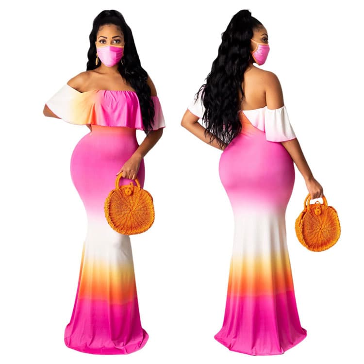 Hot Selling Women Floral Casual Dress Off Shoulder Ruffles Slim Bodycon Dress Fashion Colorful Maxi Ladies Long Dress
