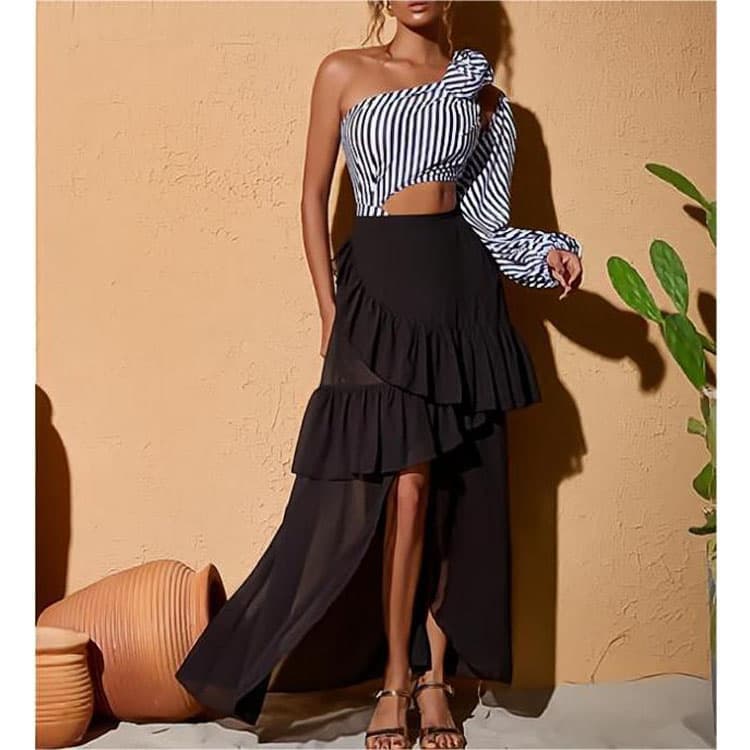Fashion Show Bikini Sexy One Piece Beach Swimsuit Hollow Ruffled Striped Sparkle Bikini One Shoulder Mesh Dress Cover up Sexy