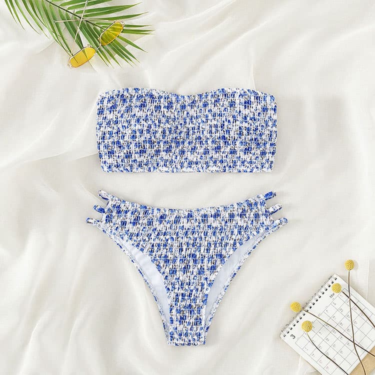 Cheap Wholesale Strapless Swimsuit Two Piece Set Fresh Flower Print Swimsuit Swimsuits Custom logo Cute Girl Bikini
