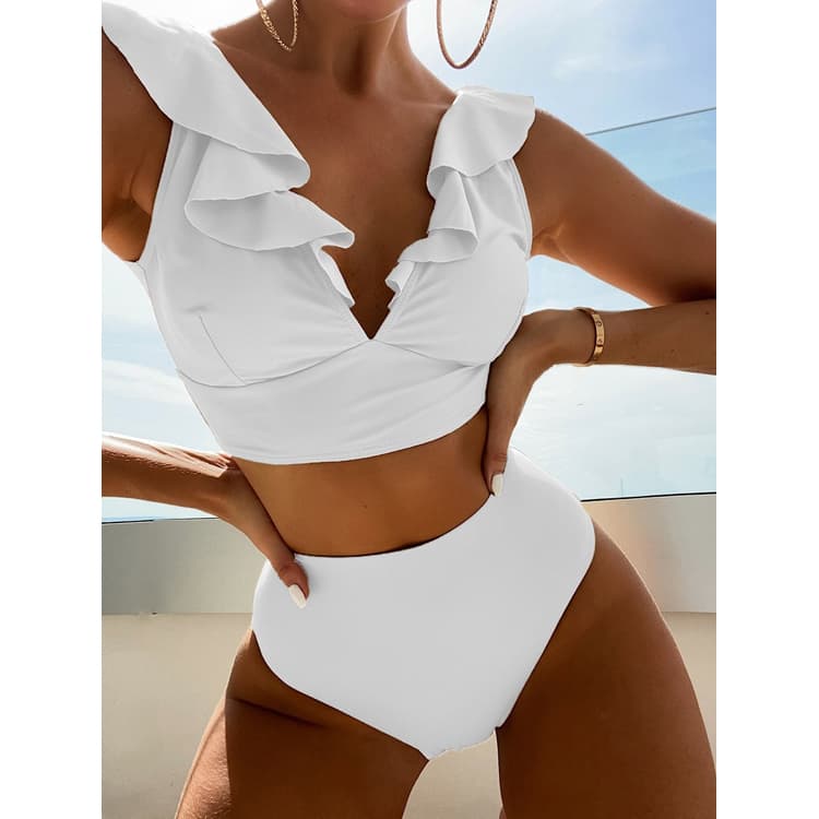 2024 Solid Color 2 Piece Swimsuit Ruffles v Neck Backless Bikini Swimsuit High Waisted Two Piece Cut Out Swimsuit