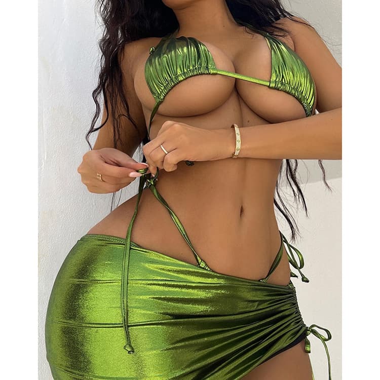 Hotties Bikini Swimsuits String 3 Piece Thong Bikini Set Sexy Bathing Suit Metallic Bikini With Skirt Solid Color Swimsuit