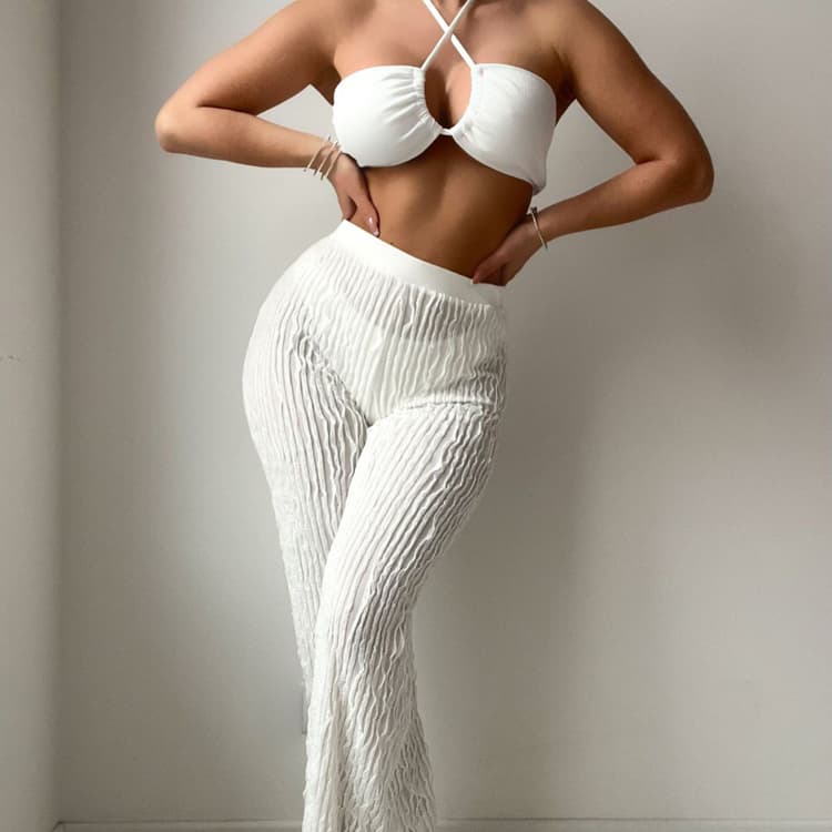 New Solid Color 2024 Thread Fabric Hanging Neck Bikini Pants Three Piece Set Sexy Swimwear