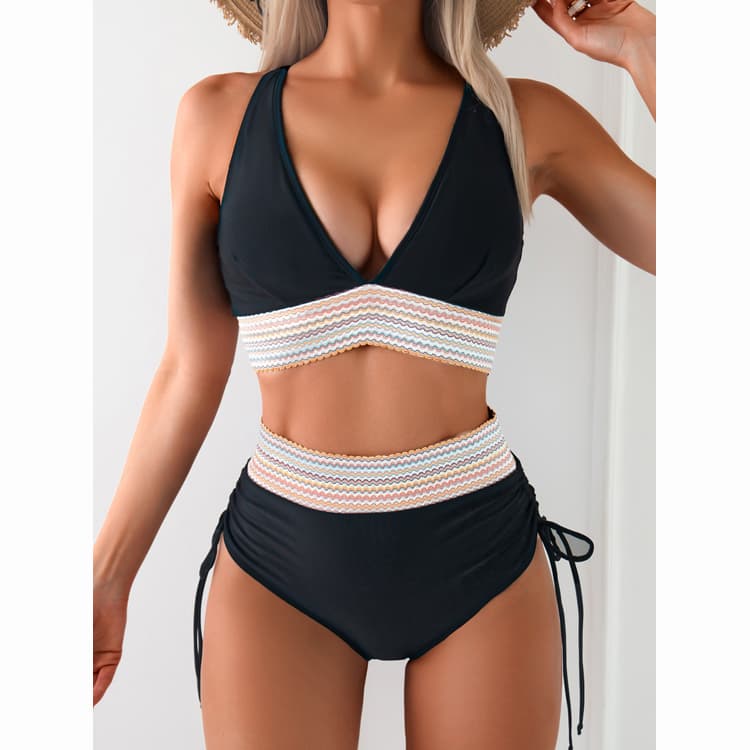 New Sexy Deep V Neck Ribbed Bikini High Waist Swimsuit Simple Solid Push up Swimwear for Girls