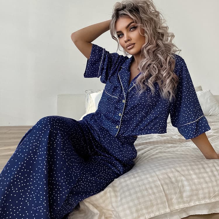 2023 Summer Short Sleeved Polka Dot Pajamas Short Loose Cotton Starry Sky Pajamas Two-piece Women's Home Wear