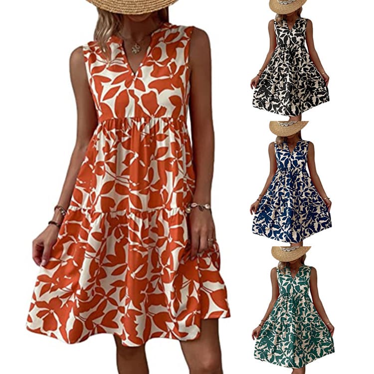 2023 V-neck Sleeveless Dress Bohemian Fashion Loose Frilly Print Dress