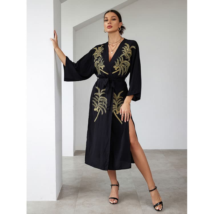 Wholesaler Loose Gold Embroidered Cardigan Bikini Sun Long Shirt Beach Sexy Cover Ups for Women