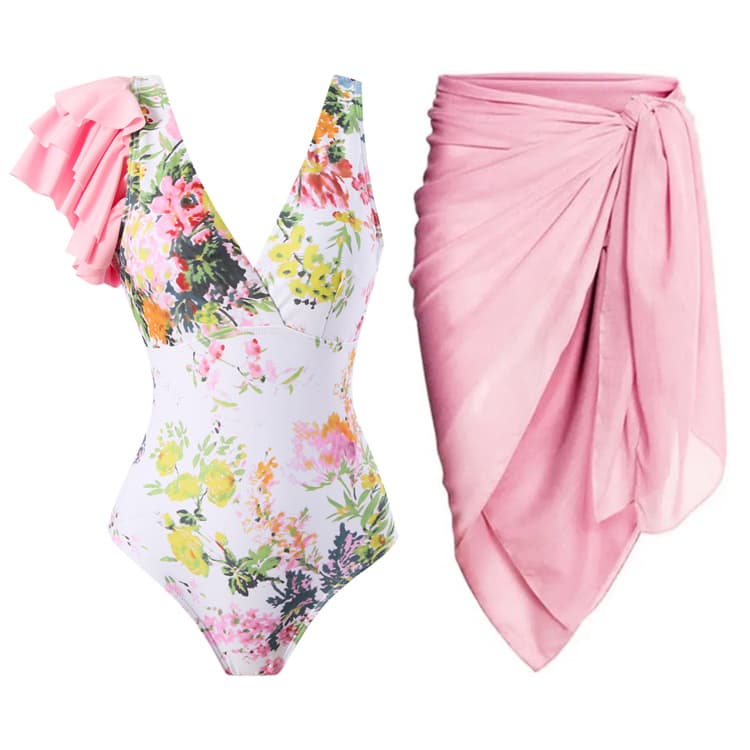 2023 New Wholesale Floral Print Ruffled  Female Retro Mesh Beach Skirt One Piece Swimsuit