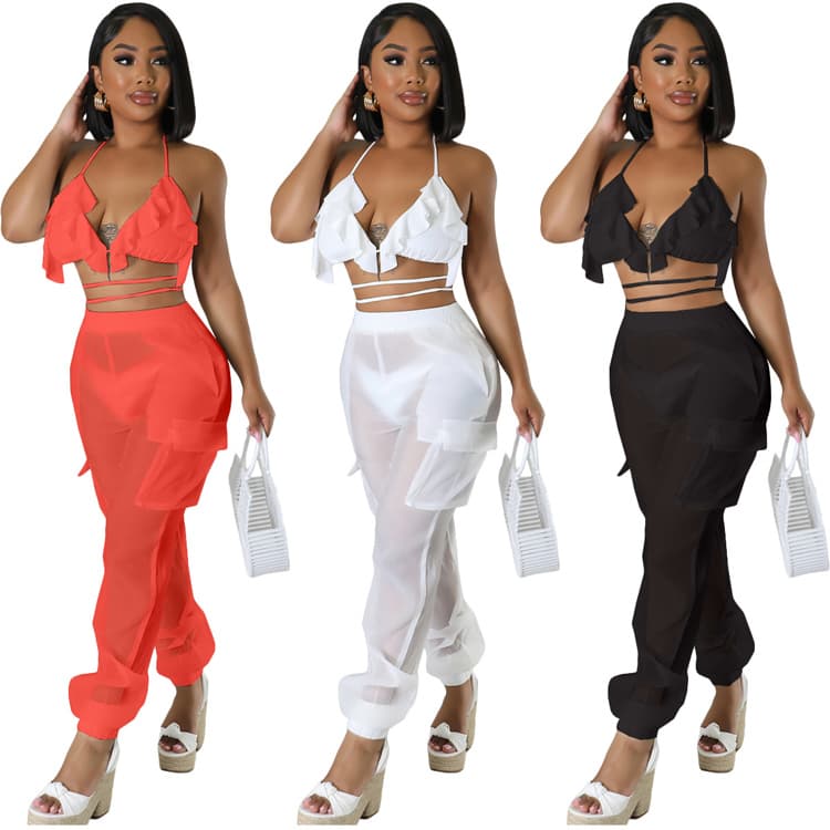New Arrivals Spring and Summer Chiffon Pocket Trousers Bikini Three Piece Swimsuit