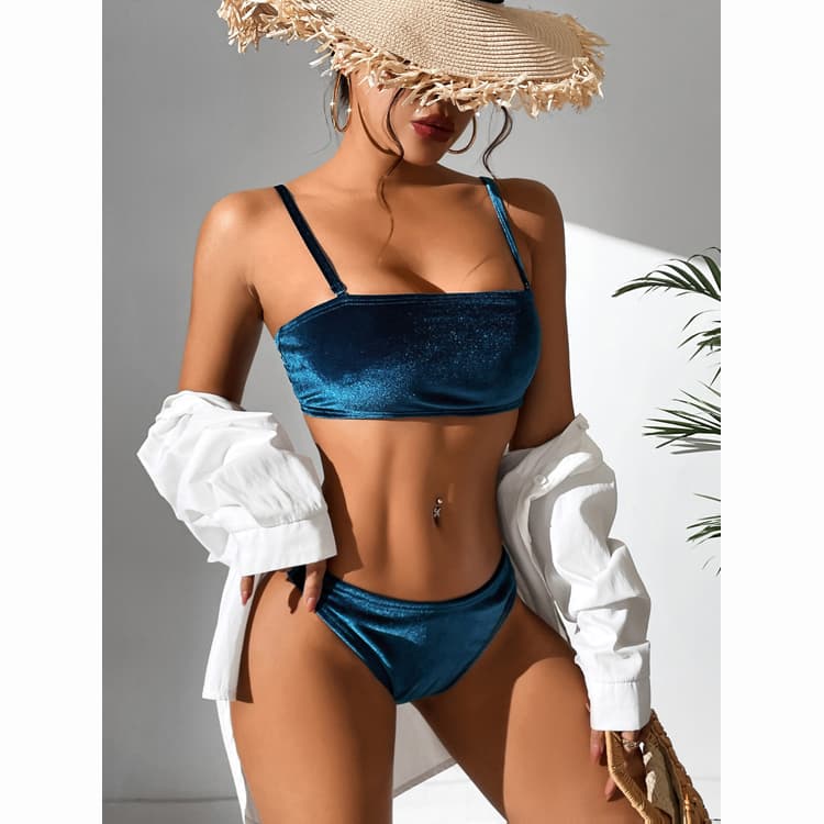 Factory Wholesale Solid Color Gold Velvet Sexy High Waist Split Two Piece Swimwear Beachwear