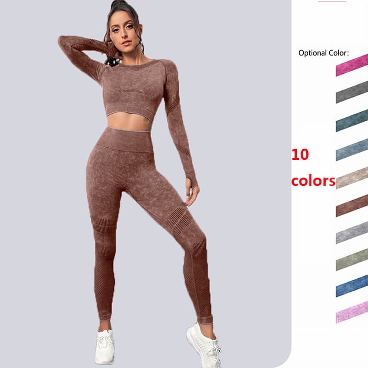 High Quality Washed Seamless Sexy Peach Butt Hollow Solid Color Long Sleeved Yoga Set