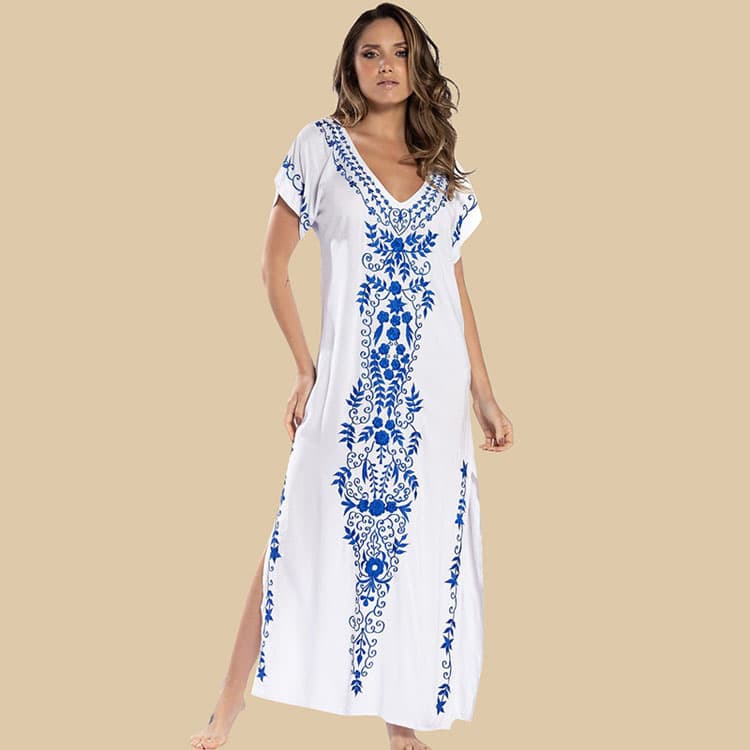 2024 New Loose Rayon Embroidery Beach Long Dress Sexy Bikini Sun Shirt Swimsuit Cover up for Women