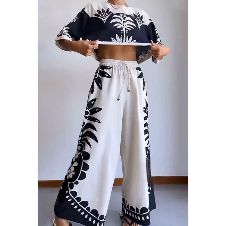 2024 New Casual Suit Printed Loose Short Sleeve Elastic Waist Pants Set Women Two Pieces Sets