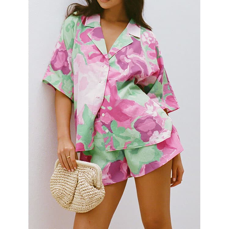 2024 New Fashion Printed Blazer Collar Commuter Short Sleeve Midi Shorts Women Two Piece Sets