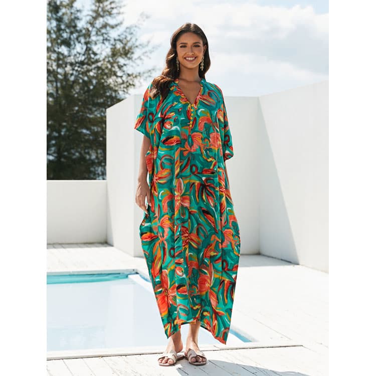 Wholesaler Loose Printed Button Holiday Robe Bikini Sun Long Shirt Beach Sexy Cover Ups for Women