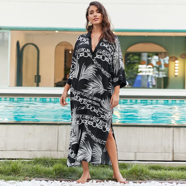 Wholesaler Shirt Collar Tie Dye Style Robe Holiday Long Dress Oversize Women Beach Cover Ups