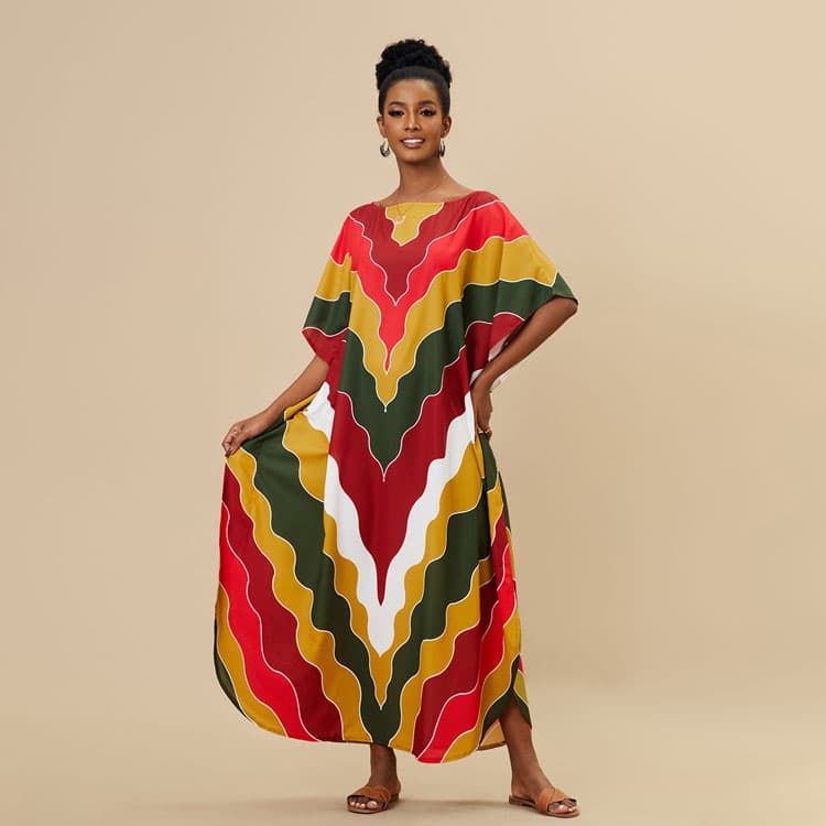 Wholesaler Loose Printed Rainbow Coloured Holiday Robe Women Bikini Sun Long Shirt Beach Cover Ups