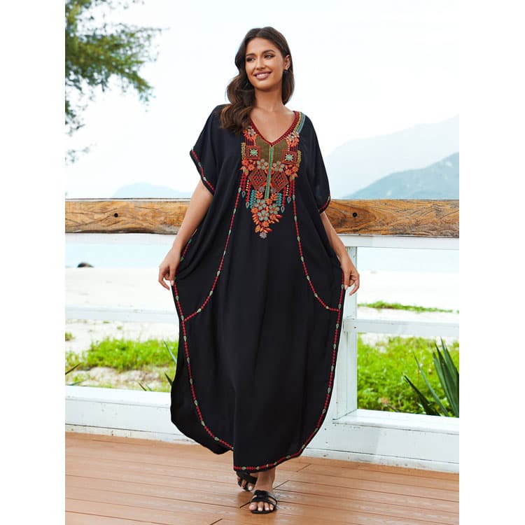 Wholesaler Loose Rayon Embroidery Holiday Long Dress Ladies Robes Beach Sexy Cover up for Women