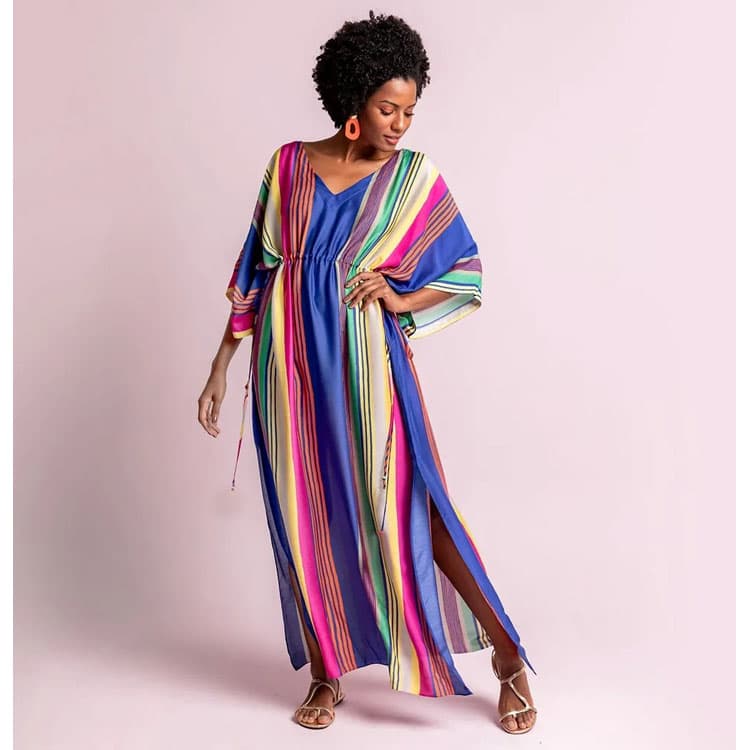 Wholesaler Loose Colour Stripes Printed Holiday Dress Women Bikini Sun Shirt Beach Sexy Cover Ups