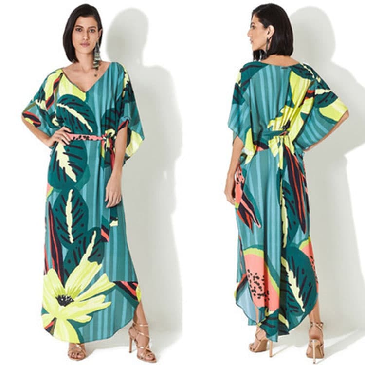 Wholesaler Loose Quick Dry Printed Holiday Long Dress Women Bikini Sun Shirt Beach Sexy Cover Ups