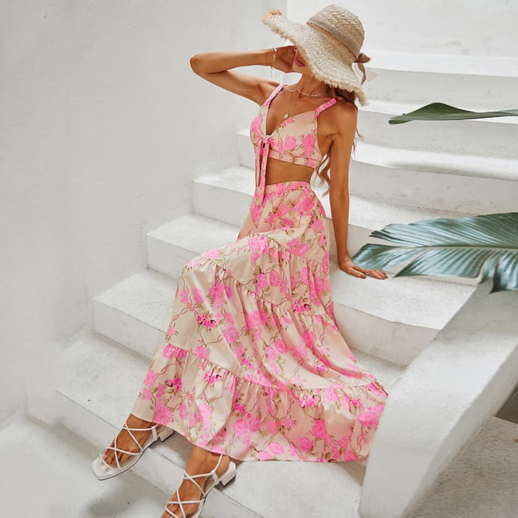 New Women Sleeveless Backless Skirt Slim Fit Pink Print Slip Dress