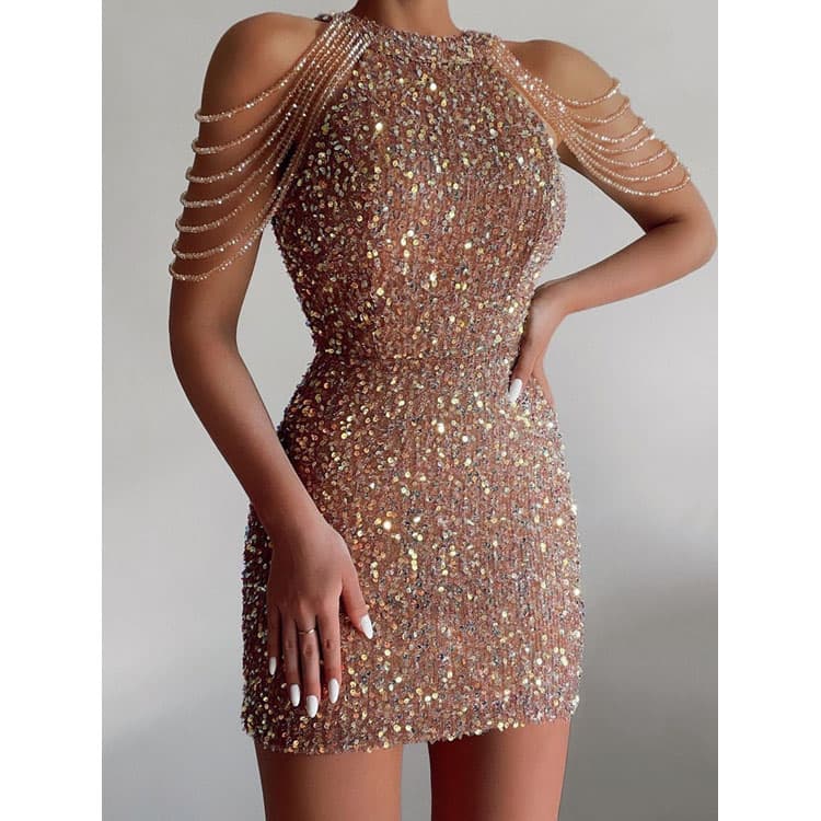 New Fashion Neckline Sexy Crystal Tassel Dress Bag Hip Sequin Dress Mid Waist Evening Dress
